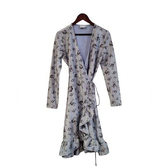 NWOT Ganni Women's Blue Silver Metallic Floral Long Sleeve Wrap Midi Dress 8 - Picture 2 of 5